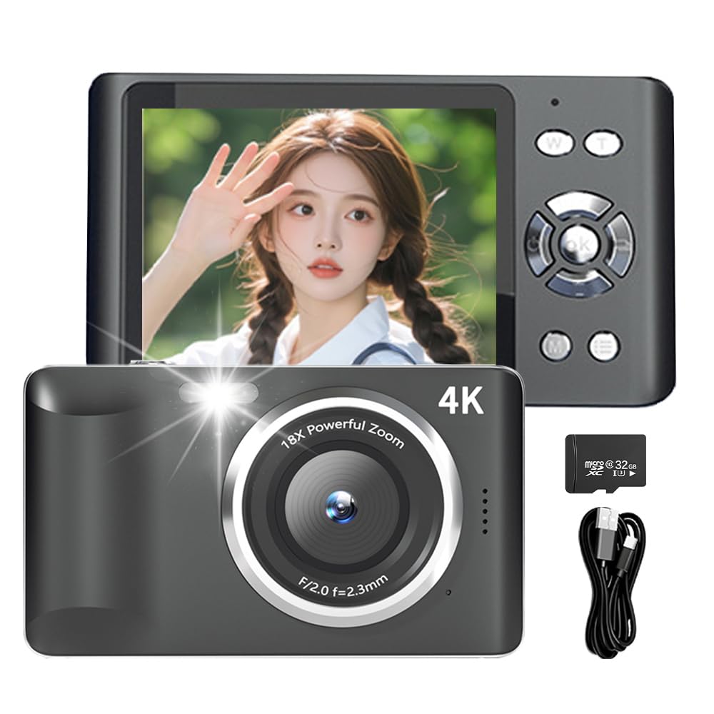 Digital Camera with 4K Video Large Compact and Fast Timer AF Continuous 18x Digital 8 Perfect for Christmas Includes 32GB Micro SD Card Recording,