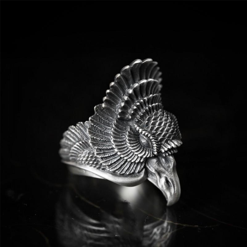 Adjustable Wide Open Ring With Dual Phoenix Motif Vintage Style Sterling Unisex Statement Jewelry