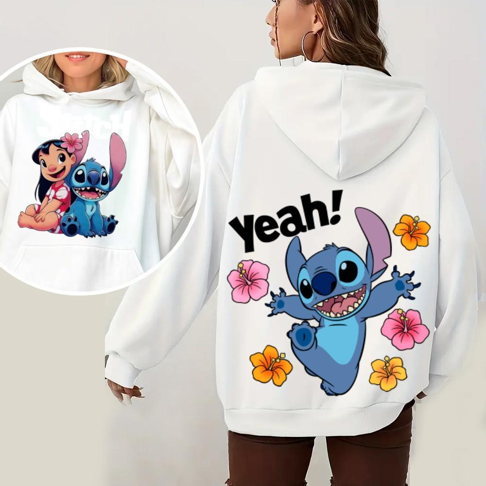 Dámská mikina s kapucí Lilo & Stitch Podzim Zima Teplý top s roztomilými kreslenými květinovými potisky pro módní pouliční ležérní top
