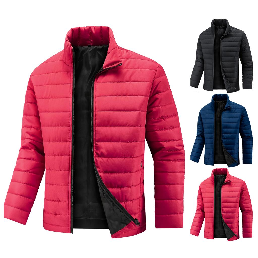 Men's Casual Thin, Form-fitting Stand-up Collar Cotton Jacket, Men's Solid-colored Long-sleeved Shirt With Cotton And Warm Zipper Jacket