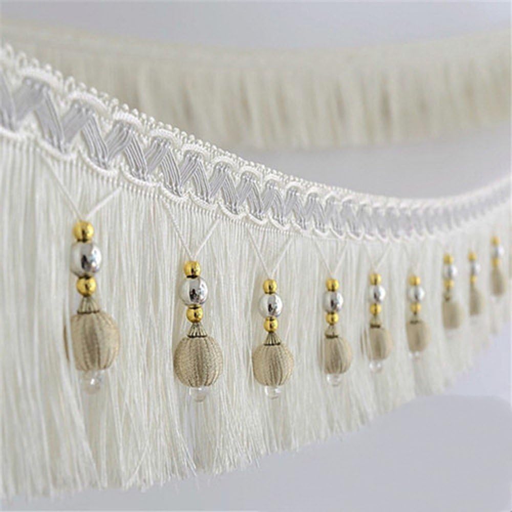 2yard Briaded Beads Hanging Ball Tassel Fringe Trimming Applique Fabric Trimming Ribbon Band Curtain Table Wedding Decorated T2582a (White)