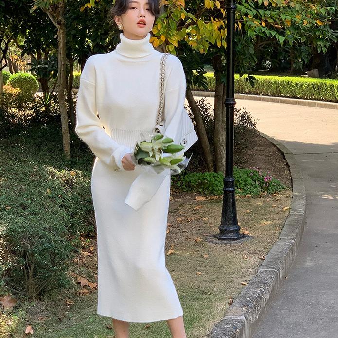 

Водолазка женское платье свитер с длинными рукавами вязаные платья женские с высокой талией тонкий осенне-зимний пуловер вязаный длинный халат новый L бежевый