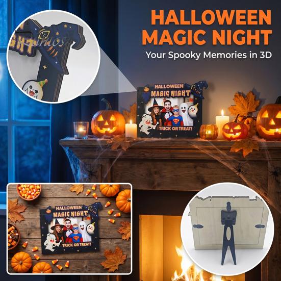 Holiday Table Decorations Halloween Wooden Photo Frame, Double Layer Wood Tabletop Picture Holder, Decorative Desktop Frames Creative Display