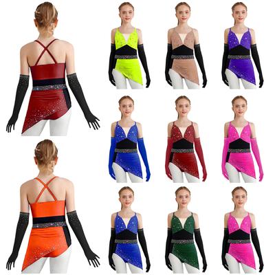 Kids Sparkly Rhinestone Asymmetrical Color Block Skating Leotard Cross Back Thin Straps Ruched Detail with Matching Mesh Gloves Lyrical Performance