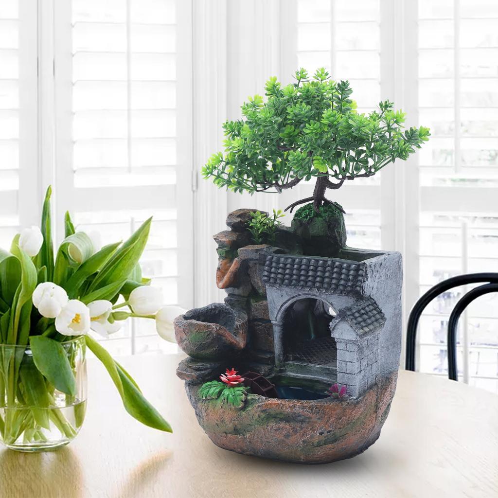 Desktop Fountain Rock Waterfall Humidifier with Artificial Tree &LED Light Feng Shui Decoration for Aquariums Office Décor