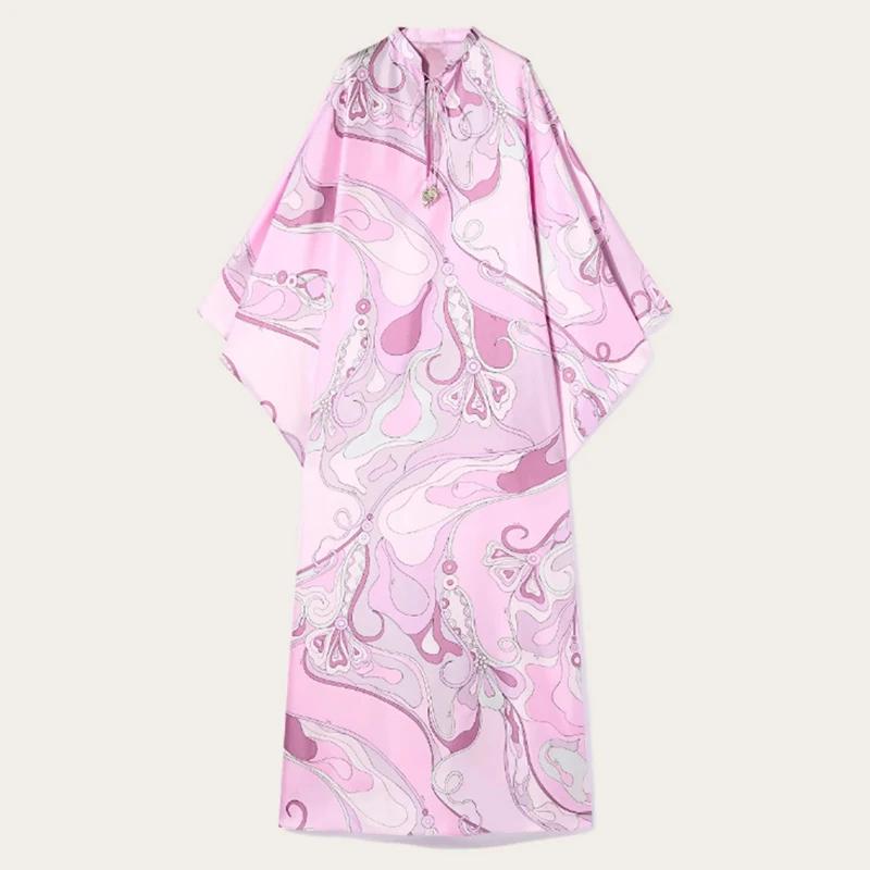 Pattern Printed Party Dress Retro Seven Quarter Sleeve Middle Eastern Dress Ladies O-neck Lace Up Loose Robe Dress