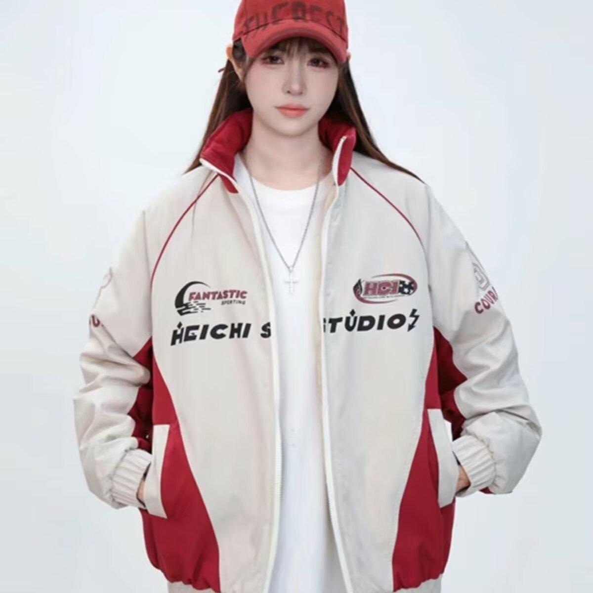 

Unisex Retro Color Block Stand Collar Motorcycle Jacket – Trendy and Loose for Spring/Autumn 3XL чорний