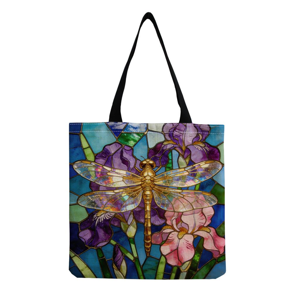 Women Vintage Linen Tote Bag - Large Capacity Dragonfly Print Shoulder Handbag for Casual & Grocery Shopping KTB