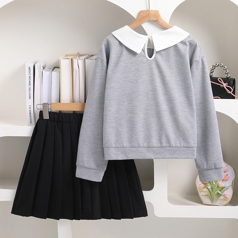 Traje para Niñas Otoño 2025 Cuello Dulce con Lazo para Niños Sudadera de Manga Larga Falda Corta Plisada