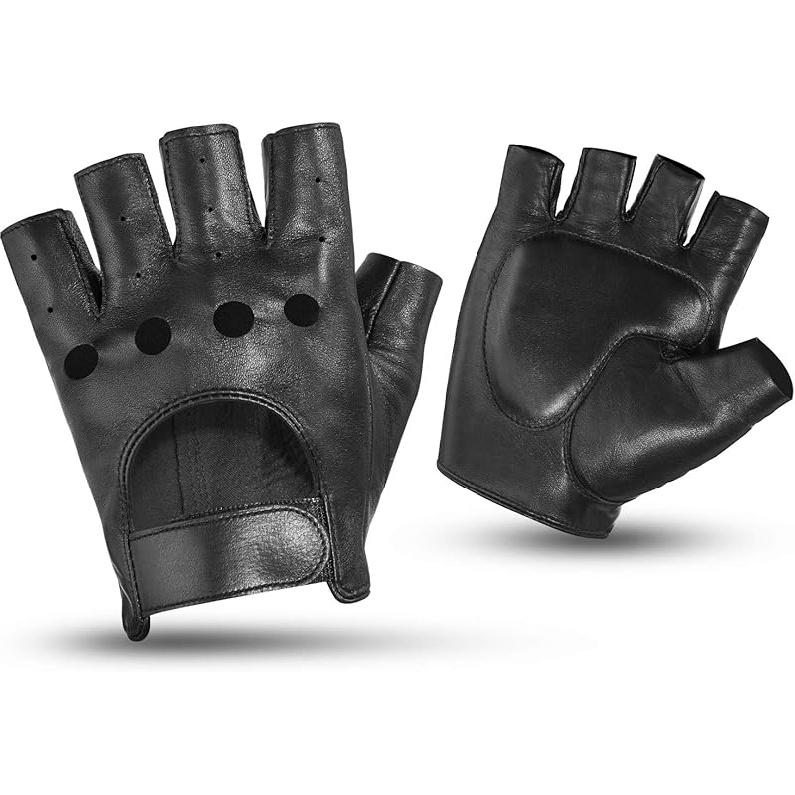 KEMIMOTO Fingerless Sheepskin Leather Motorcycle Gloves, Half Finger Riding And Driving Gloves For Men And Women X-Large