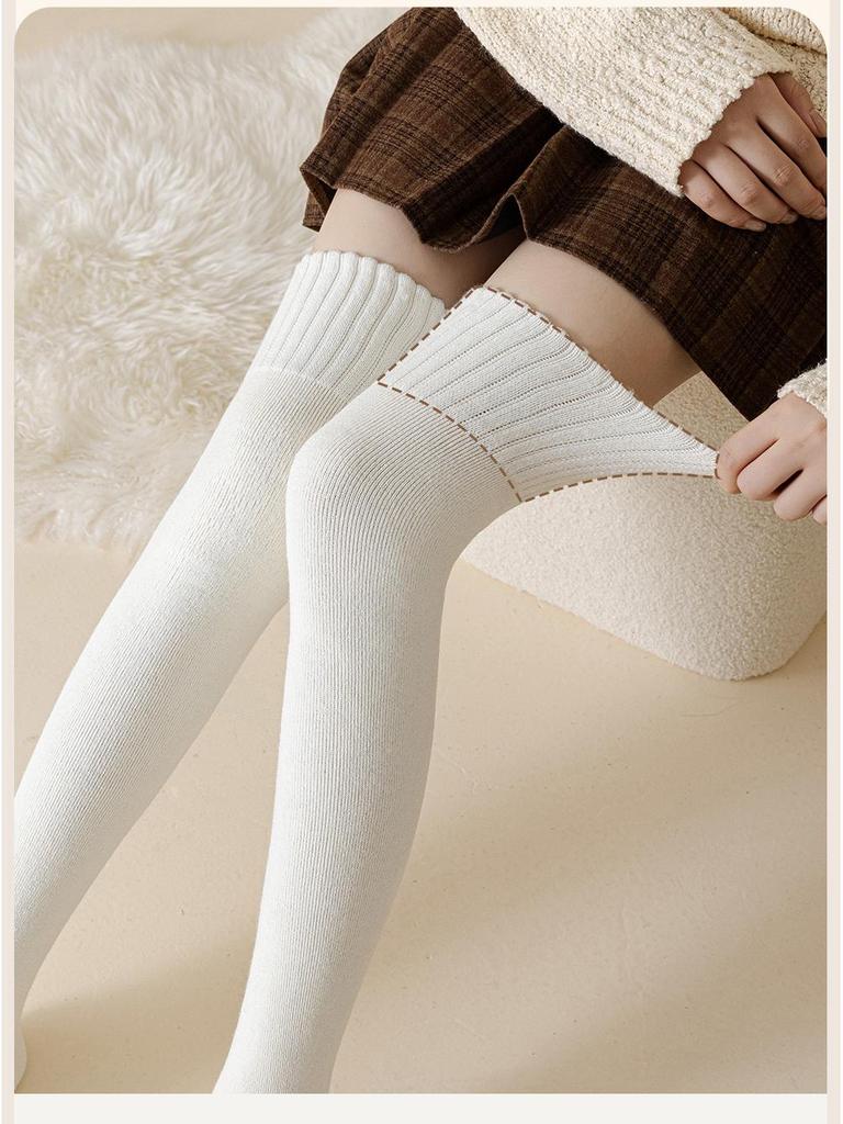 Women's Wool Over-the-Knee Fleece-Lined White Socks - Imitation Cashmere Long, Maternity Plus Size, Thick, Warm, Autumn & Winter Style