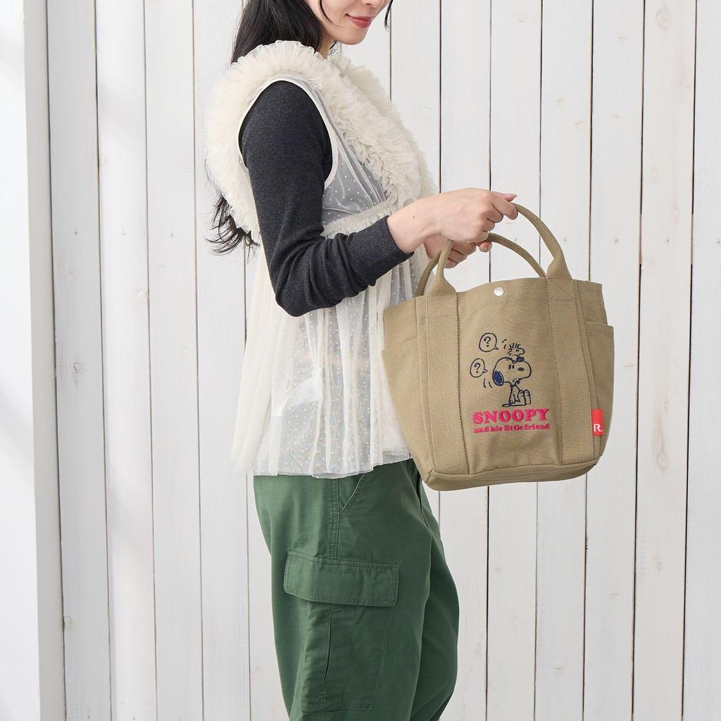 Tote 8442 [Rootote] Women's Bag, Snoopy, Small, Self-Standing, Embroidered, IP.Deli.Peanuts-0J (02 Khaki)