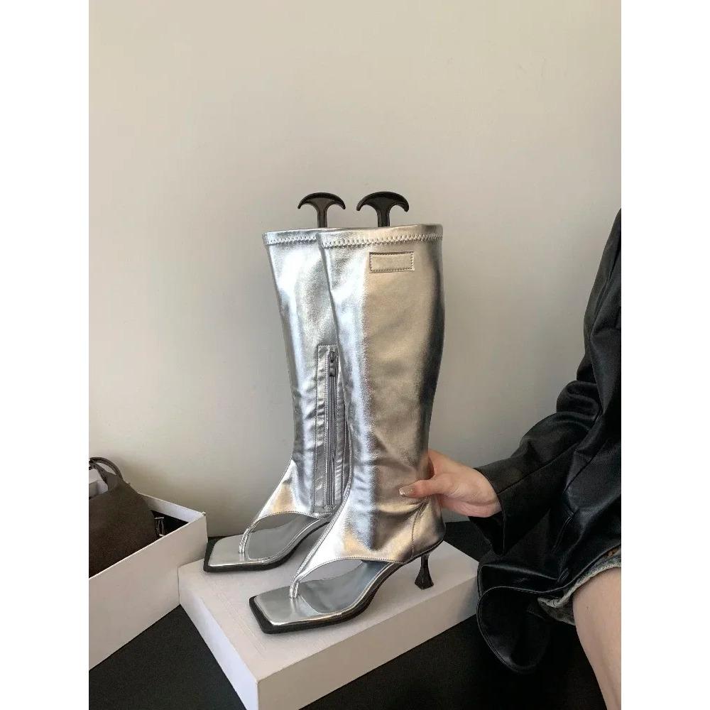 Eilyken Spring Square Clip Toe Knee High Boots Women Thin Low Heels Side Zipper Booties Sandals Shoes Zapatos De Mujer