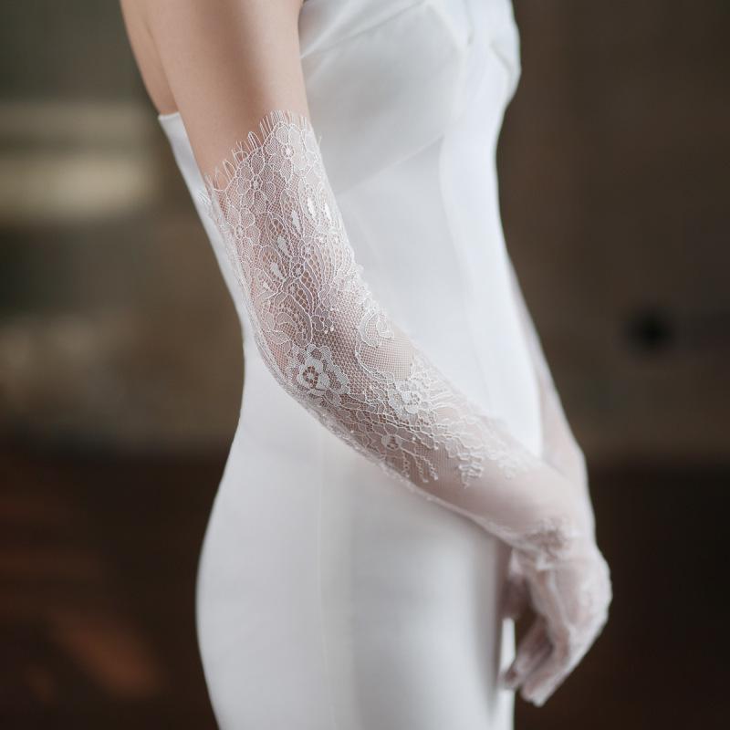 Femme Blanc Dentelle Fin Broderie Florale Long Gants Esthétiques Haute Qualité Respirant Doux Étiquette Performance Scénique