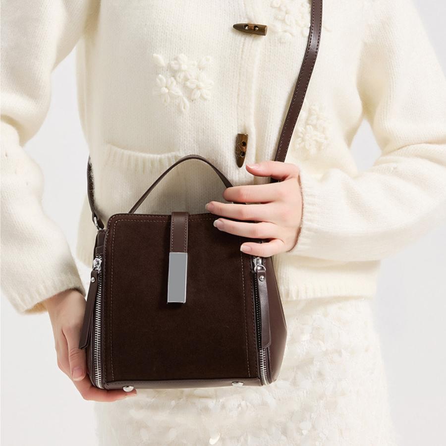 Genuine Leather Bucket Bag for Women, Suede Cowhide Crossbody Purse, Vintage Soft Textured Tote, Luxury Shoulder Handbag, Multiple Colors