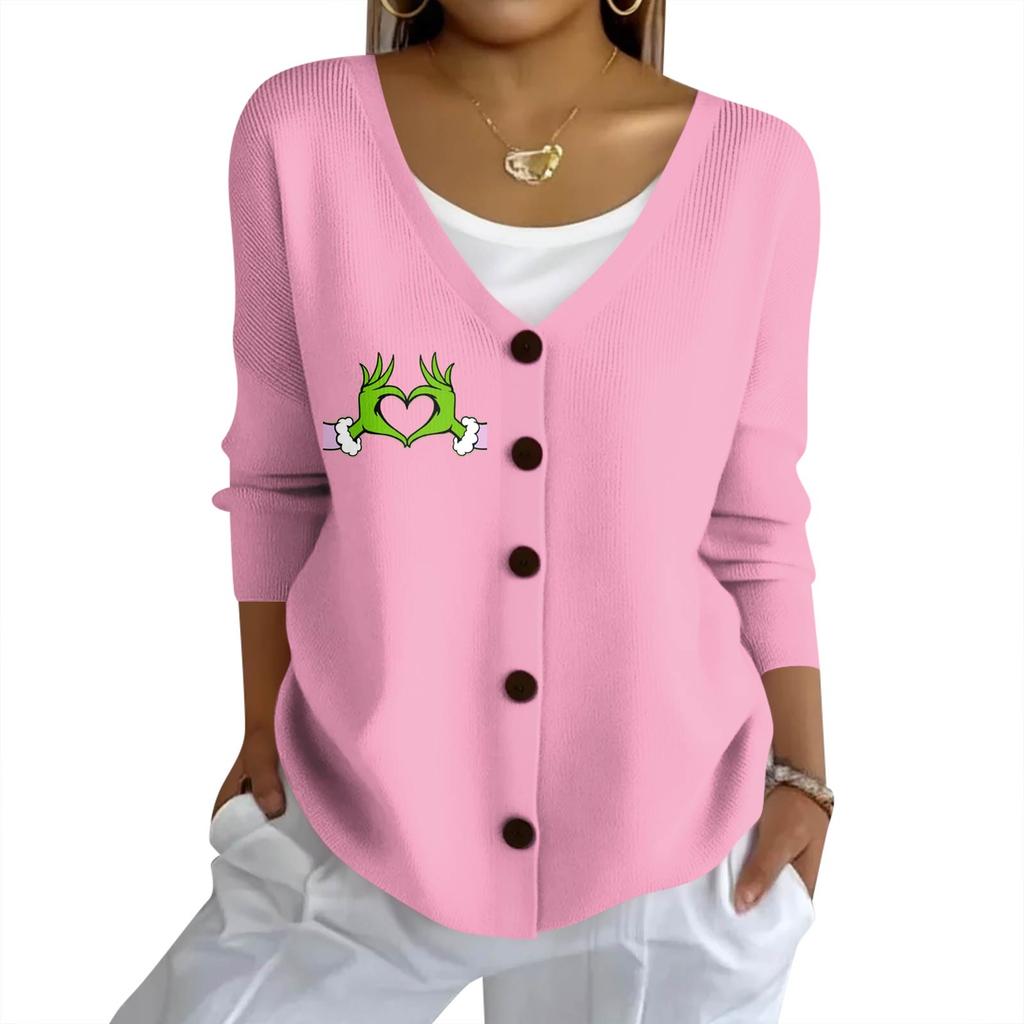 Women's Fashion Casual Knit Sweater Button-Up Christmas Print Cardigan Jacket