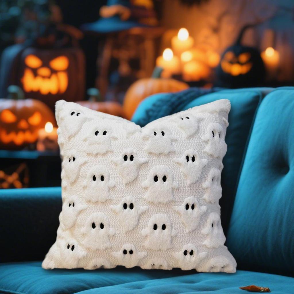 Halloween Throw Pillow Cover Decorative Ghost Pattern Pillowcase Soft Plush Faux Wool Cushions for Home Party Supplies