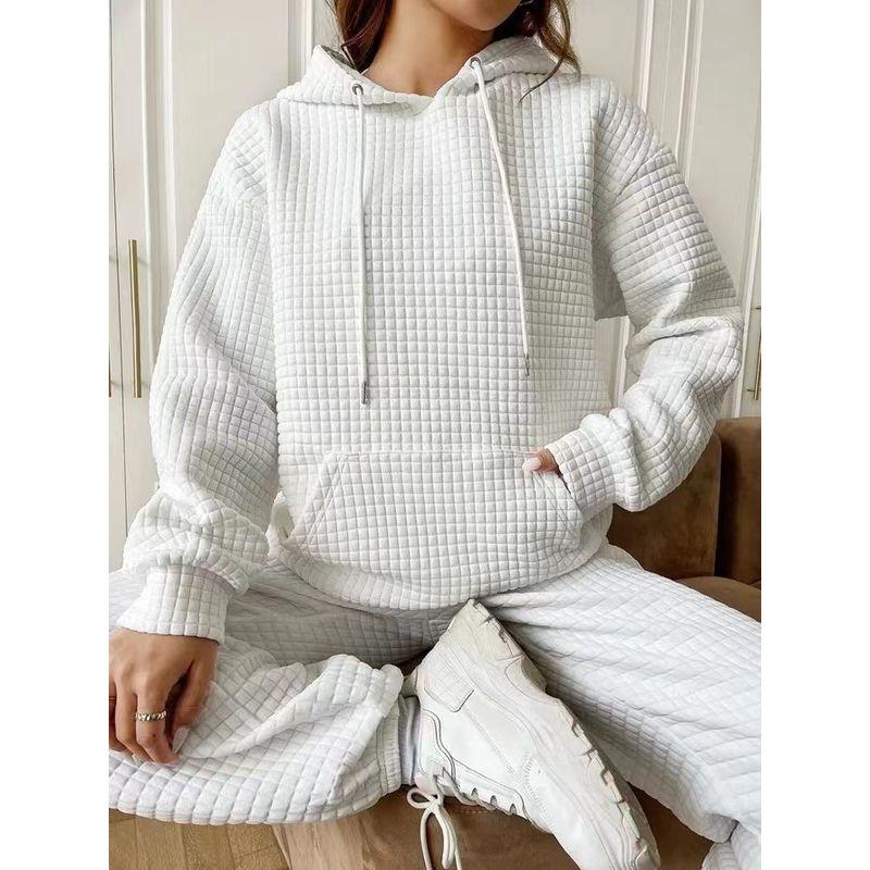 Stylish 2023 Party Fashion Style Work Clothing Fall Loose Pullover Hooded Long Sleeves Patchwork Waffle Sweatshirt Women