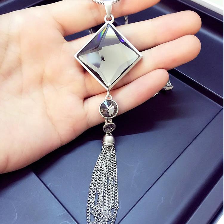 Geometric Crystal Long Sweater Chain Necklace for Women Metal Chain Necklace Fashion Jewelry Gift