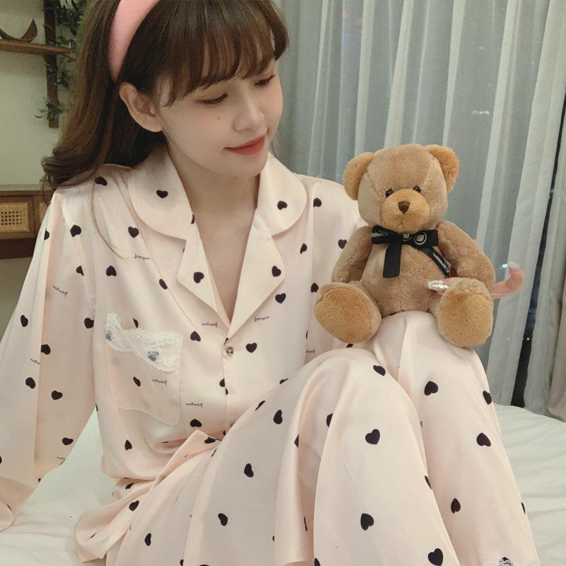 Spring and Autumn Ice Silk Pajamas Women's 1011 Polka Dot Simulation Silk Sweet and Cute Lace Loungewear Set