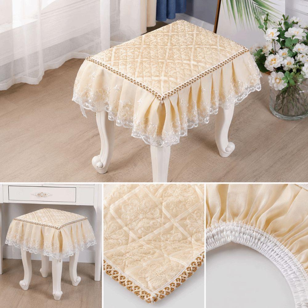 Floral Pattern Makeup Stool Cover Lace Edge Ruffled Stool Cushion Cover Full-Coverage Dust-proof Elastic Stool Slipcover