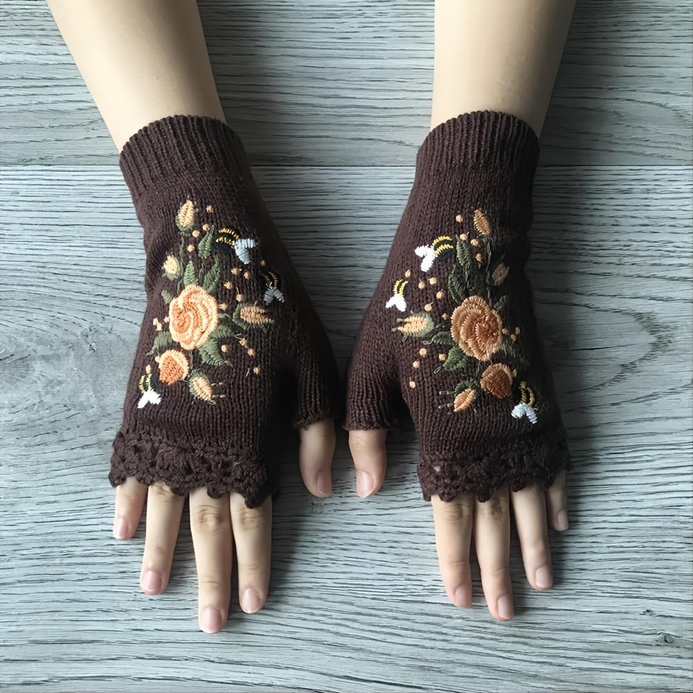 Handmade Flower Embroidered Gloves Women Fingerless Knit Gloves Autumn Winter Cold Proof Writing Gloves INS Embroidered with Bee