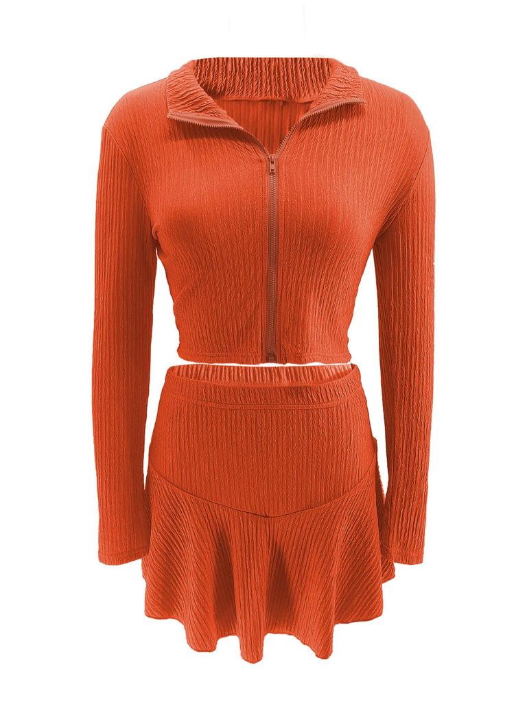 Dames Effen Kleur Rits Cropped Top & Ruche Rokje Set