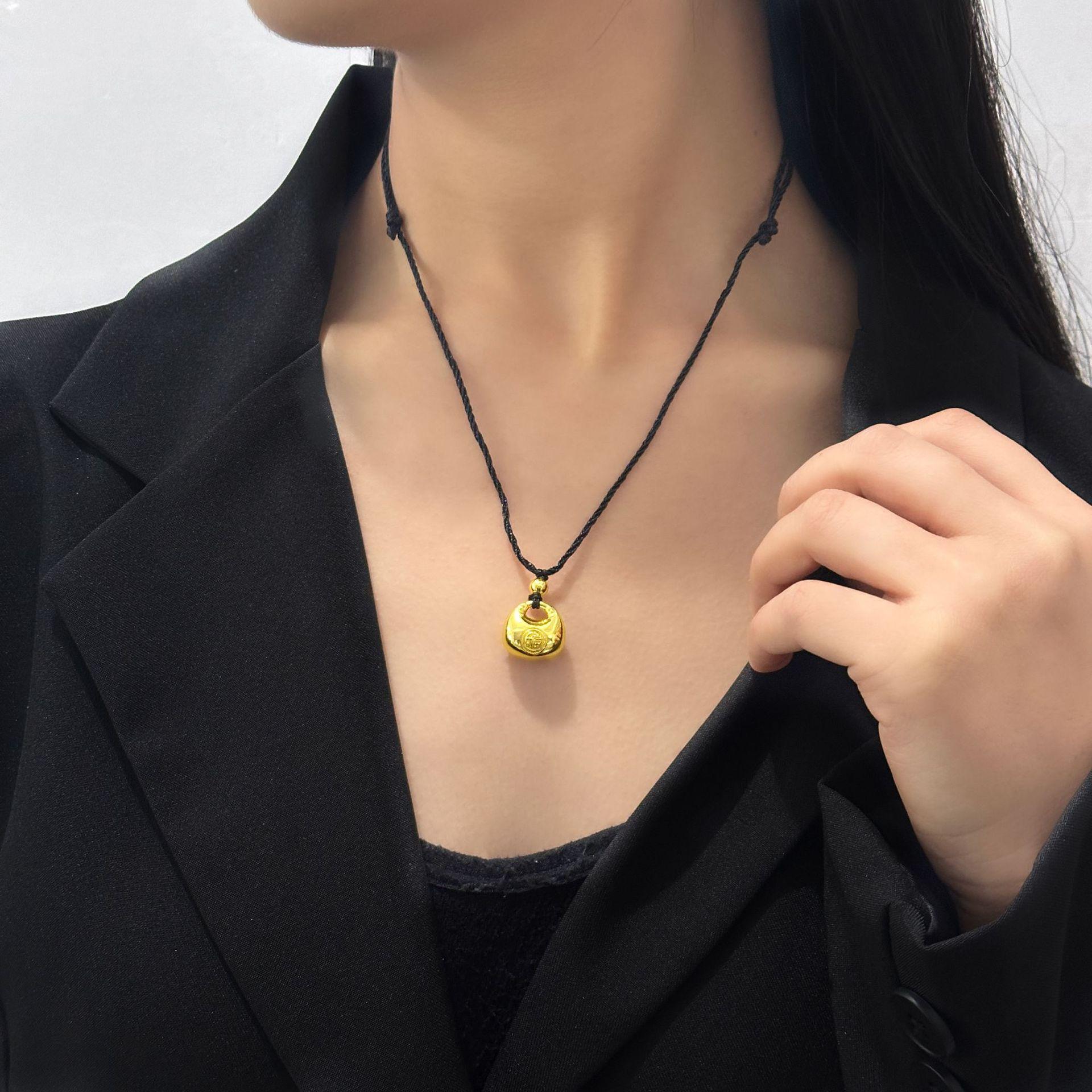 Guochao Gold Gourd Pendant Necklace with Fu Character and Buddha Head Design