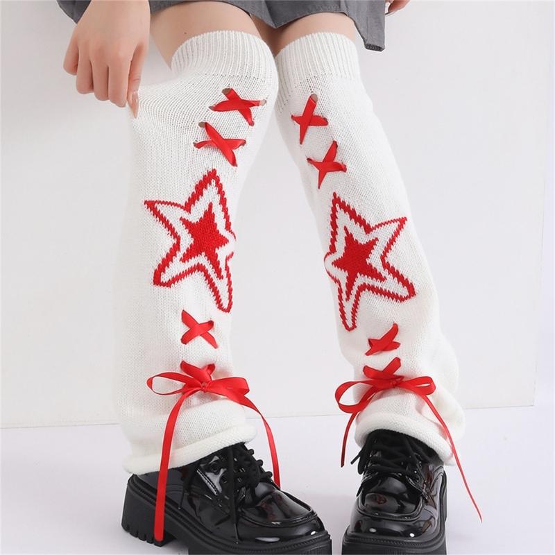 Women's Punk Star Pattern Knitted Leg Warmers with Ribbon Bows Flared Boot Covers Knee Length Socks Japanese Streetwear