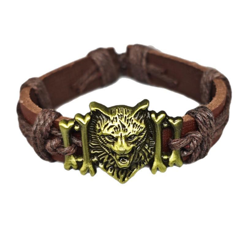 Bracelet Européen & Américain Rétro Tissé en Cuir PU Réglable Tête de Loup pour Hommes