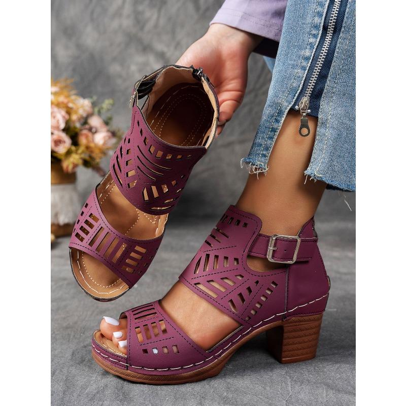 Summer Cut-out Heeled Sandals Women's 2025 New Thick-heeled Plus-size Buckle Roman Sandals