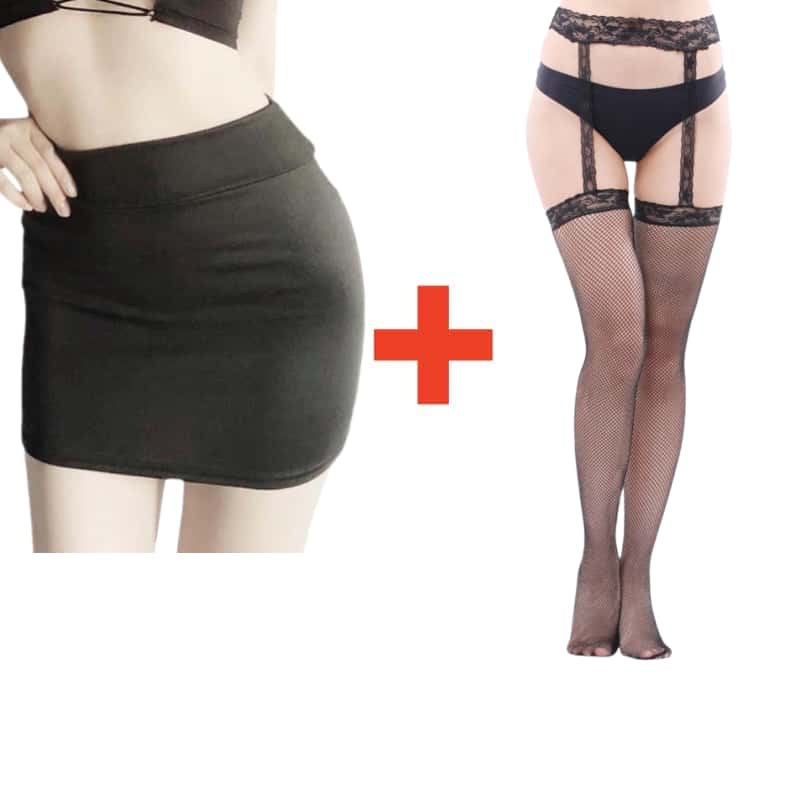 2PCS/SET Women High Waist Pencil Mini Skirts+Stockings Dress Set,Sexy Casual Wrap Hips Black Short Skirt and Pantyhose