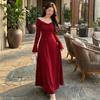 Women's Retro Cross Lace Patchwork V-Neck A-Line Dress - Autumn Winter Slim High-Waisted Design