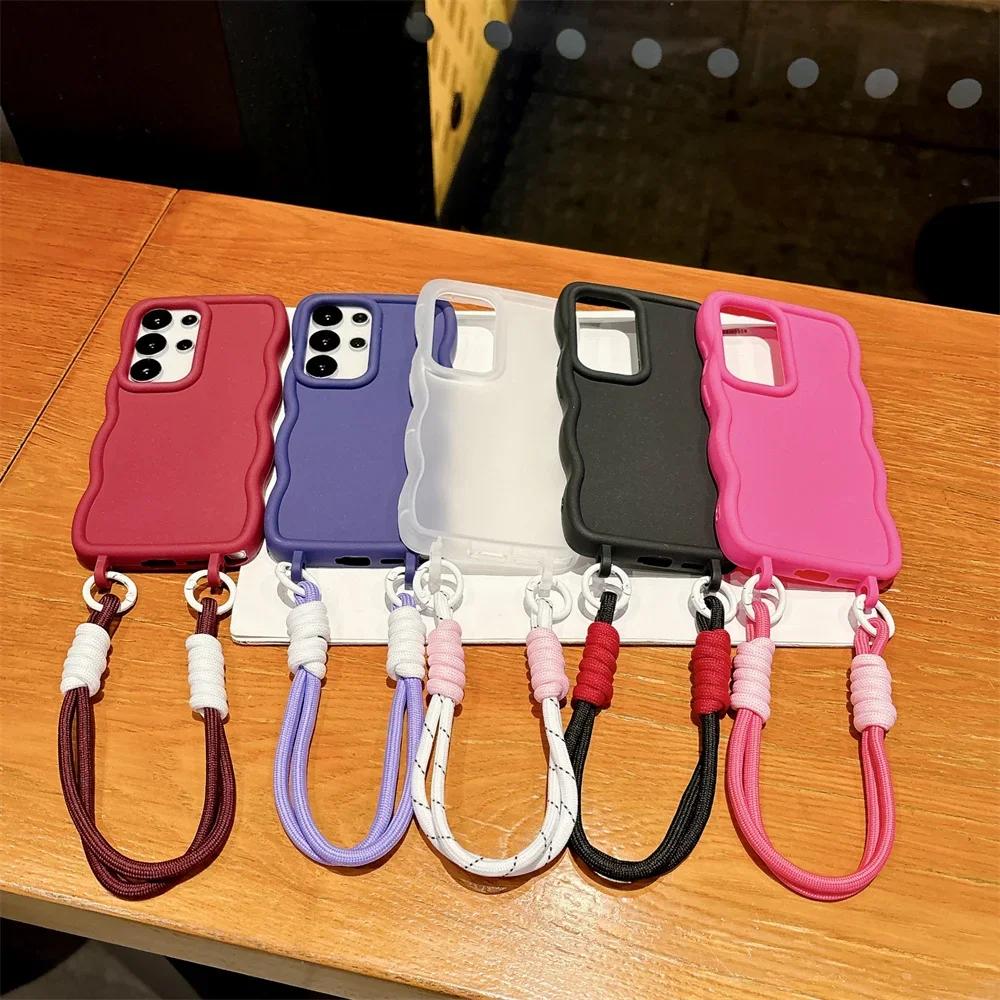 Candy Color Silicone Soft Phone Case For Samsung Galaxy S25 Ultra S24+ Plus with Wrist Strap Wave Edge Frame Protective Cover