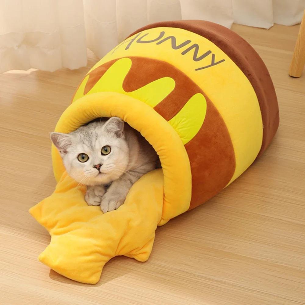 Bed for cat  House Removable Plush Mat Cats Four Seasons Cushion Basket Honey Jar Shape Machine  Pet Accessories