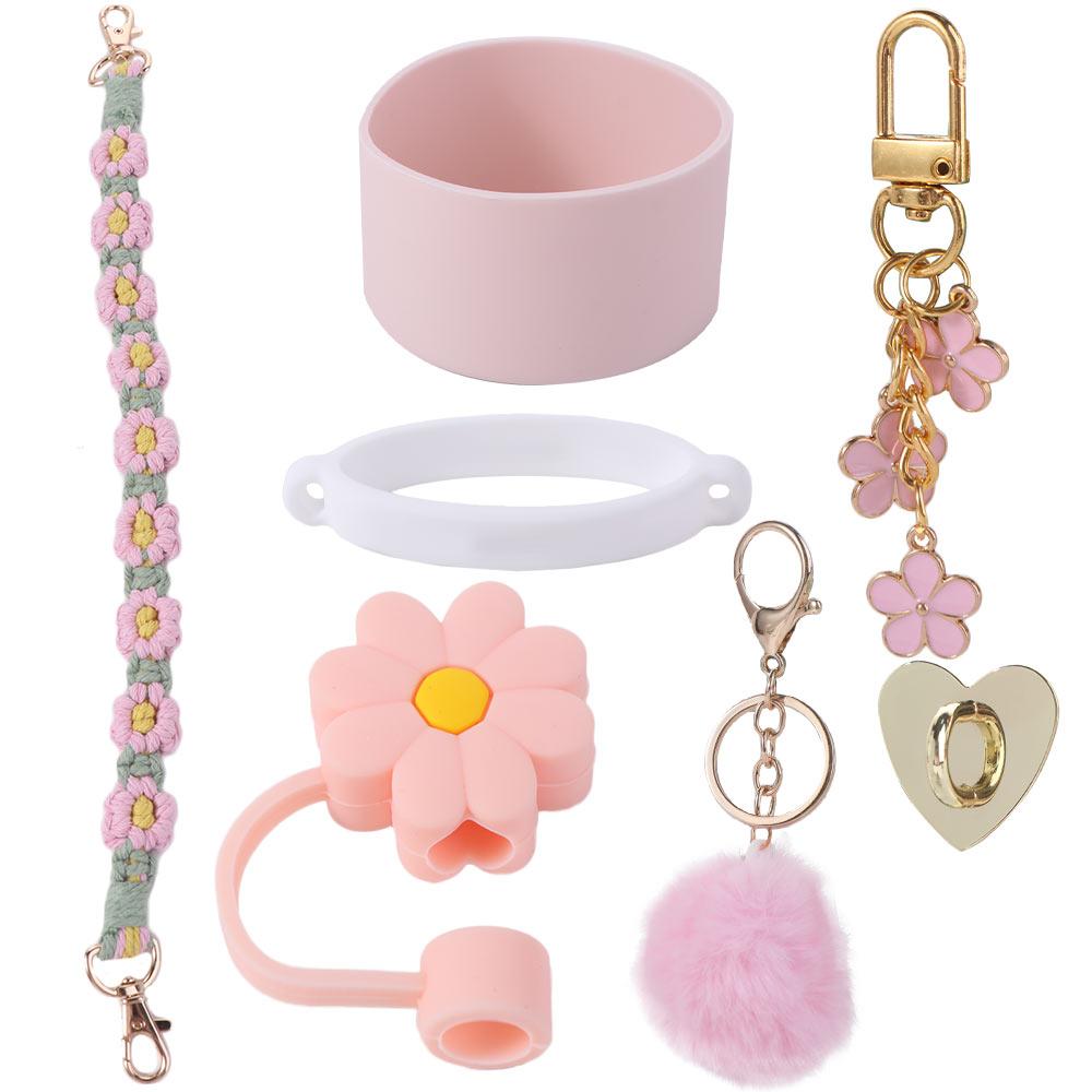 7pcs/set Flower Pattern Water Bottle Chain Pendant Set Multiple Color Cup Decoration Set  Girl