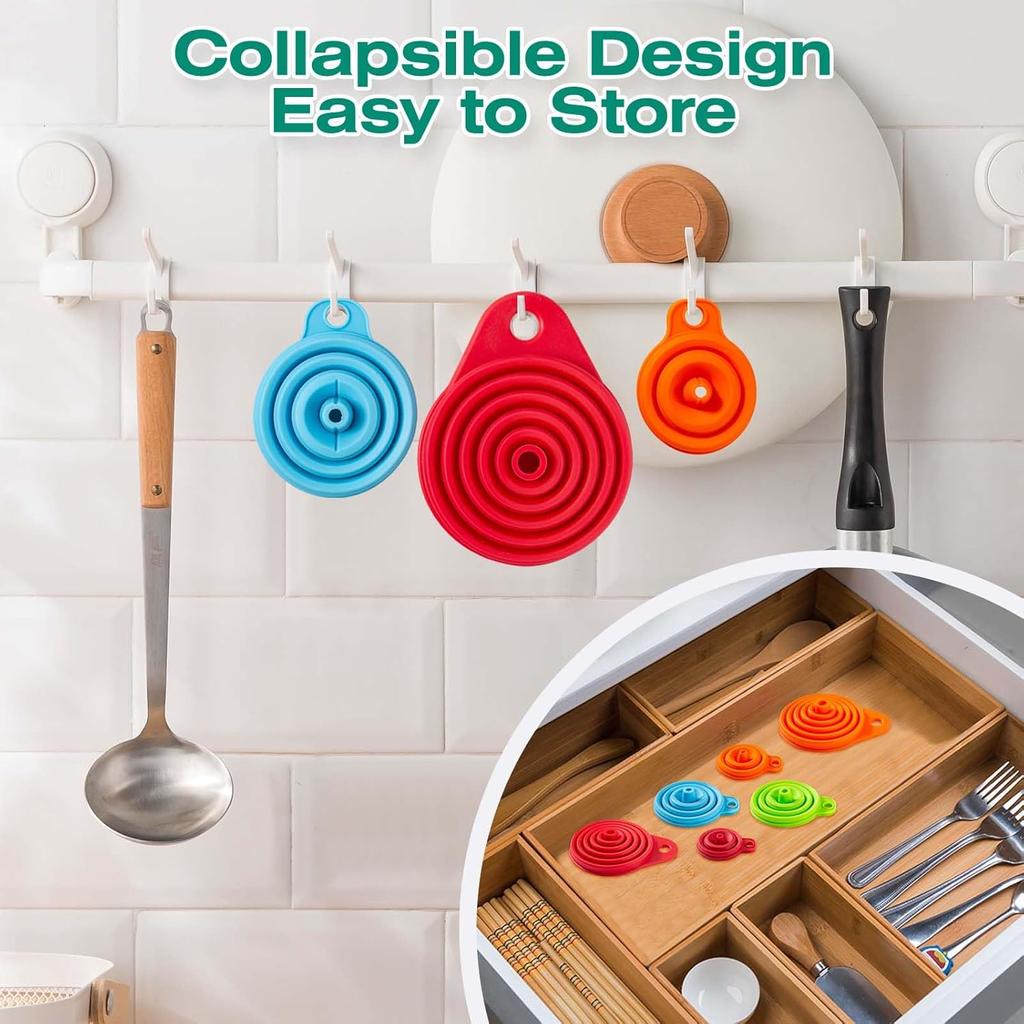KALAVE Kitchen Funnel Set 6 Pack - Food Grade Silicone Collapsible Funnel, Funnels for Kitchen Use Filling Bottles, Daily Cooking, and Water or
