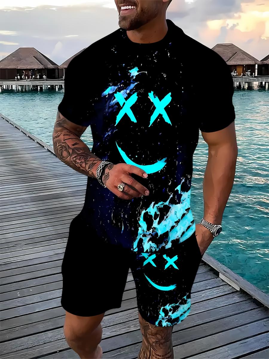 Summer Men s T-shirt 3D Cartoon Printed Pattern Breathable Lightweight Men s T-shirt Short Sleeved Shorts Set S