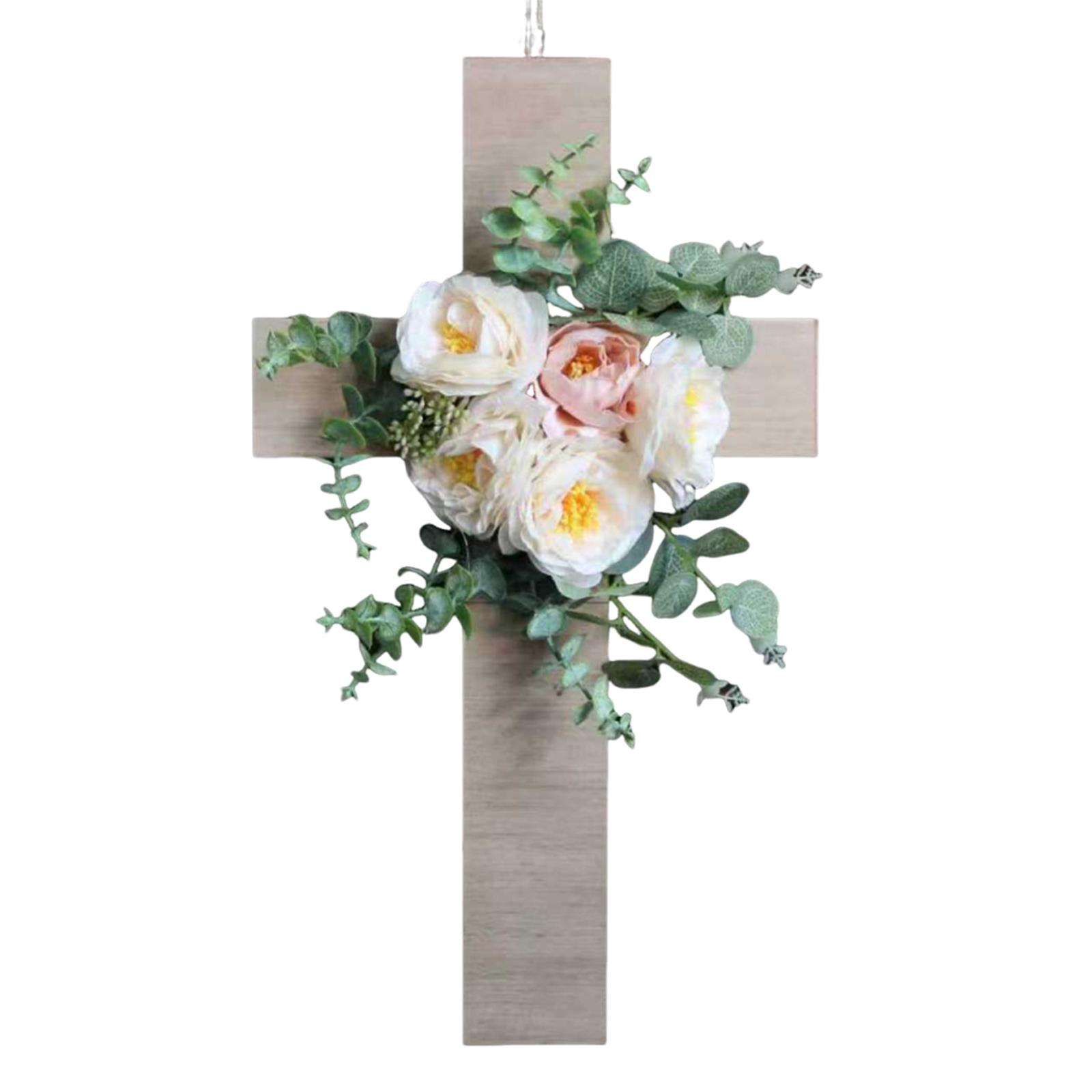 

Easter Wreaths For Front Door, Wooden Cross Wreath Hanging Ornament with Artificial Flowers Ribbon Easter Decorations For Home One Size белый
