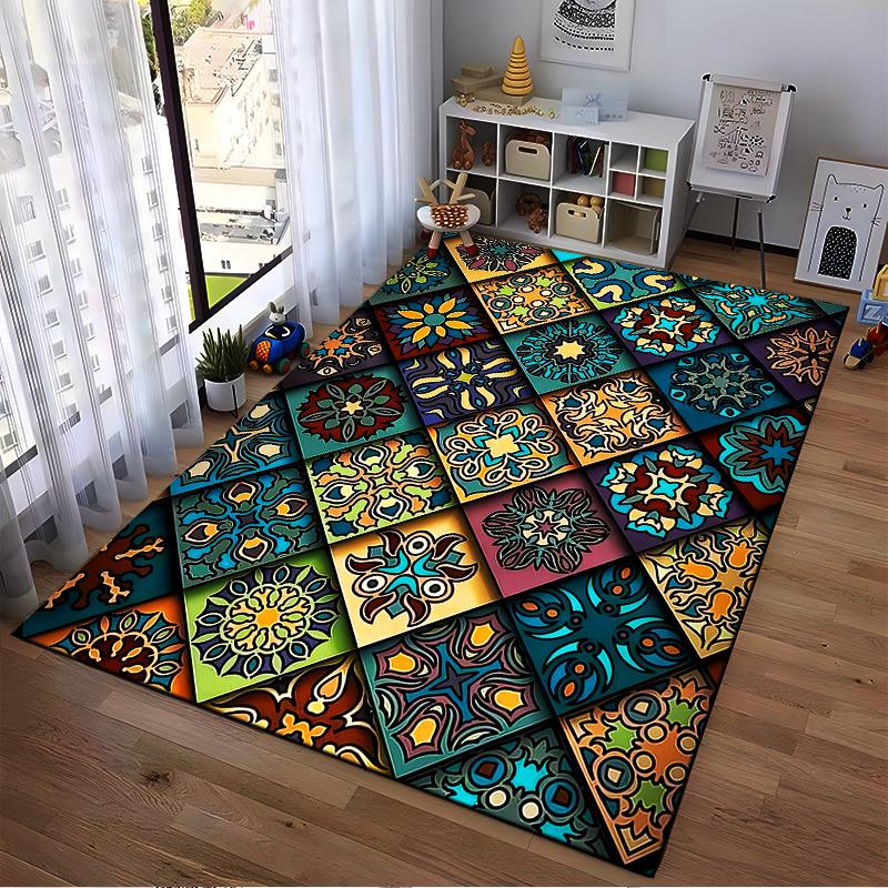 Colorful Geometric Carpet with Vintage Floral Tile Patterns Suitable for use as an anti-slip for living room bedroom sofas