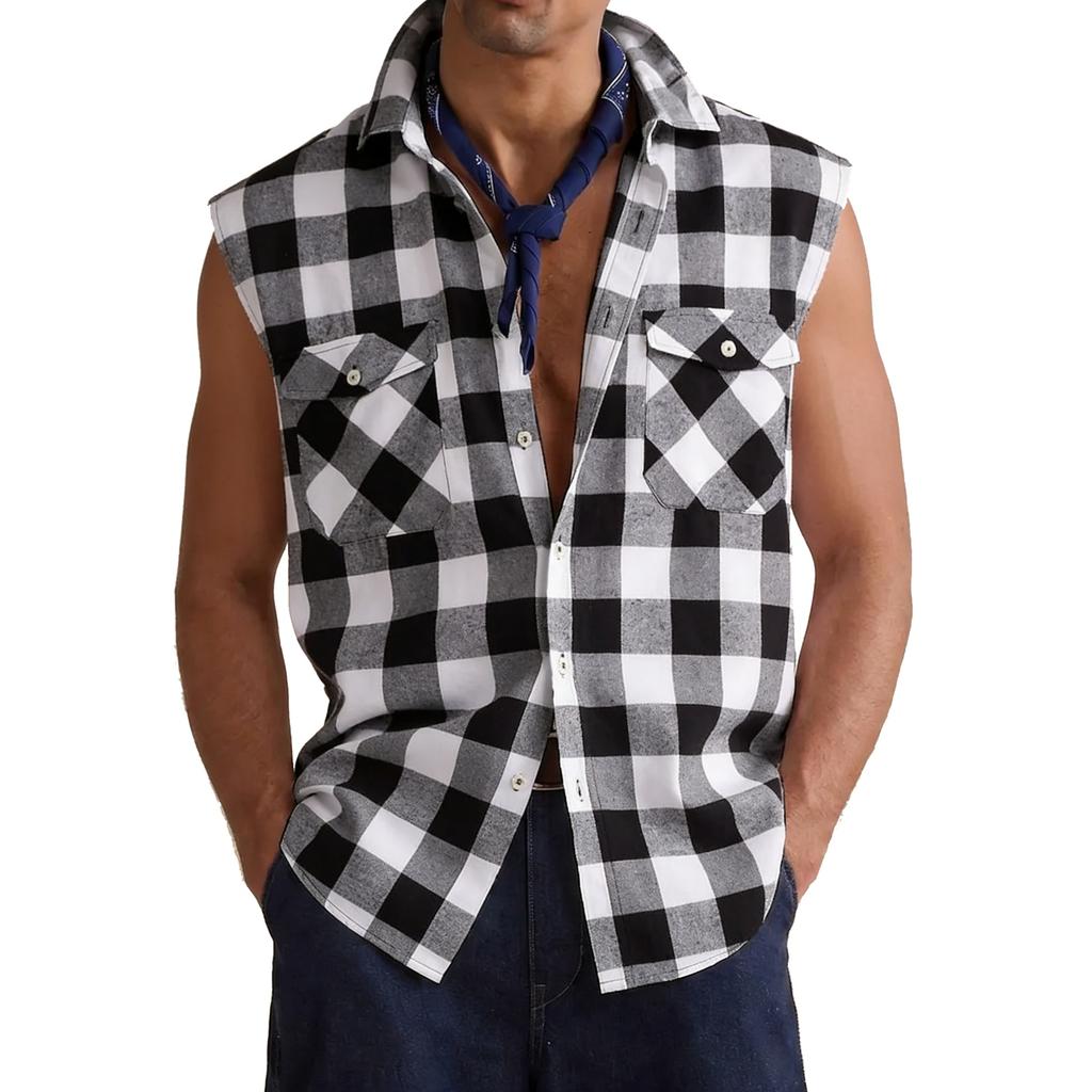 Camicia a quadri senza maniche con bottoni da uomo, vestibilità classica, camicia in flanella a quadri Buffalo con tasche sul petto e giromaniche a taglio vivo