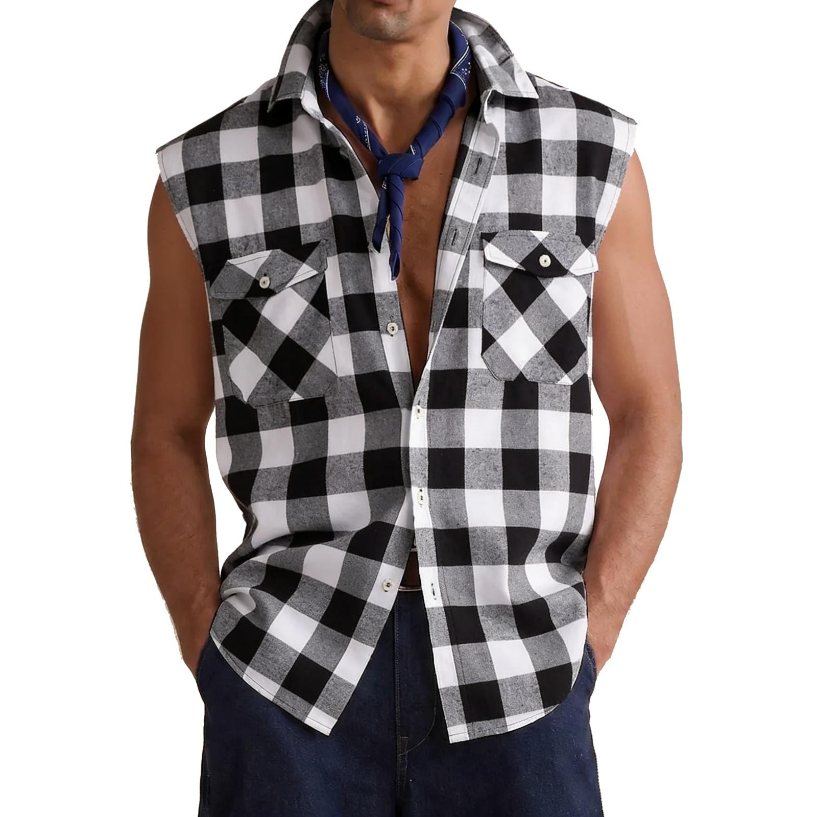 Мужская повседневная многоцветная клетчатая безрукавка - Мужская рубашка на пуговицах с воротником - Стильная и удобная белый