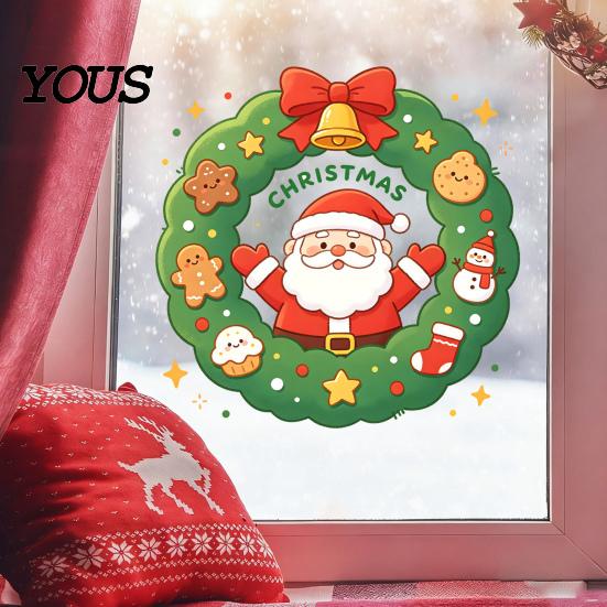 Seasonal Window Murals Christmas Santa Claus Wreath Cling, Cartoon Static Sticker, PVC Clings Waterproof Glass Decal for Home Holiday Party And