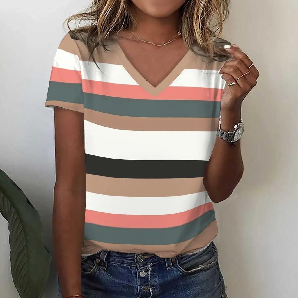 Summer Round Neck 3D Stripe Print T-shirts Fashionable Casual Short Sleeved Women's T-shirts