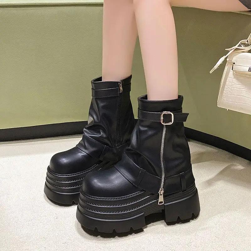Fashion 10cm Pigskin Leather Winter Autumn Ankle Booties Fashion ZIP Women Moccasins Platform Wedge Chimney Plush Spring Shoes