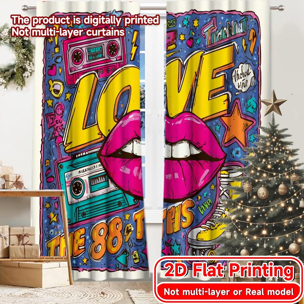 

2D Flat Printing 2pcs 80s Nostalgia Print Modern Curtains Polyester Easy Install Curtains All Seasons for Kitchen Living Room 100*130 Grommet Top 1pcs