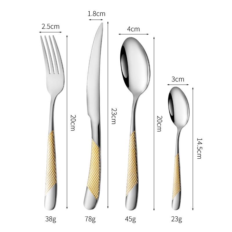 Star Diamond Stainless Steel Gold-Plated Flatware Set: Luxury Knife, Fork, and Spoon for Upscale Dining.