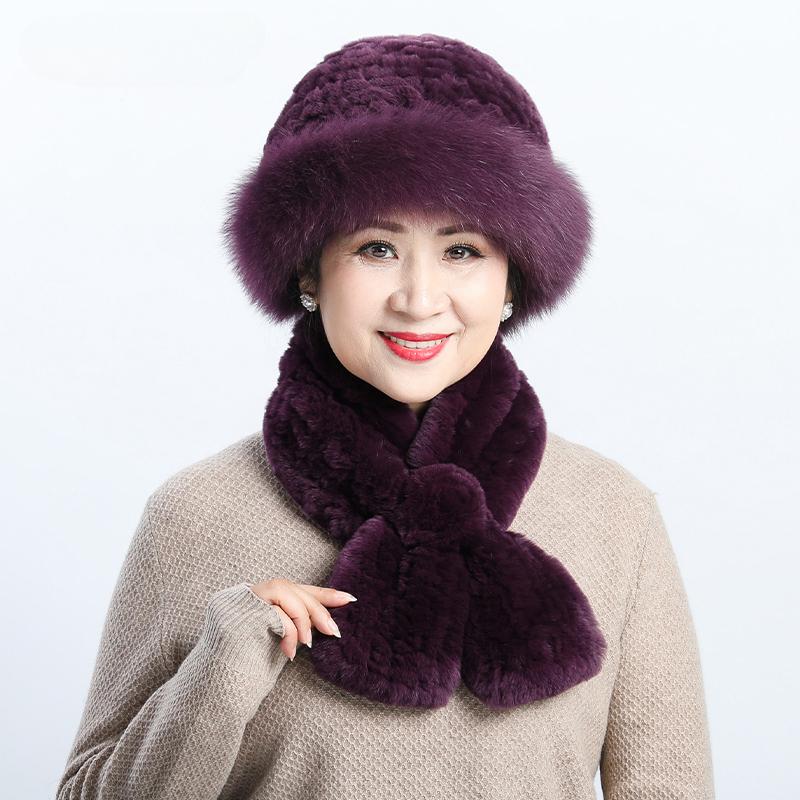 Fur Hat Female Winter Warm Rex Rabbit Hair Old Lady In The Elderly Mother Grandma Thickened Warm Hat Scarf