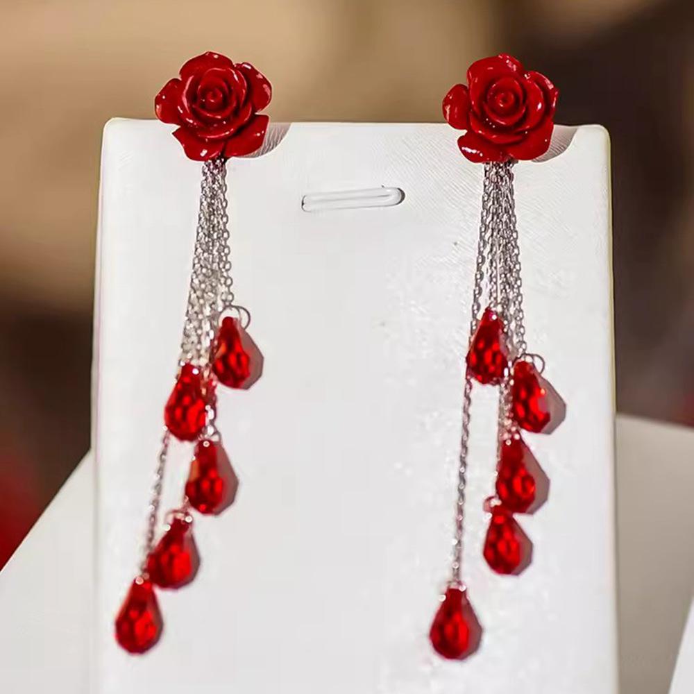 February Rose Silver Needle Red Flower Stud & Dangle Earrings – Elegant Women’s Jewelry