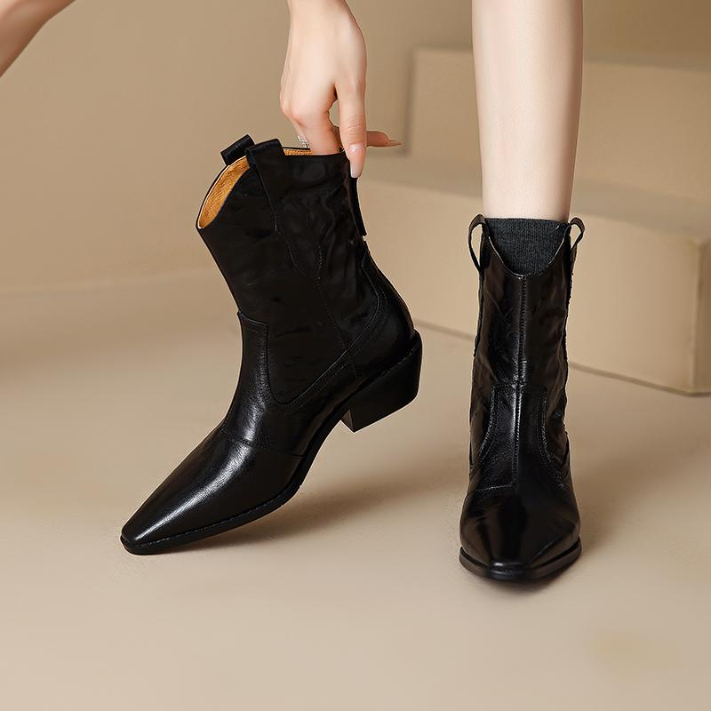 Fashion 2024 Autumn/Winter Women Boots Pointed Toe Med Heel Chelsea Boots Genuine Leather Shoes for Women Western Ankle Boots